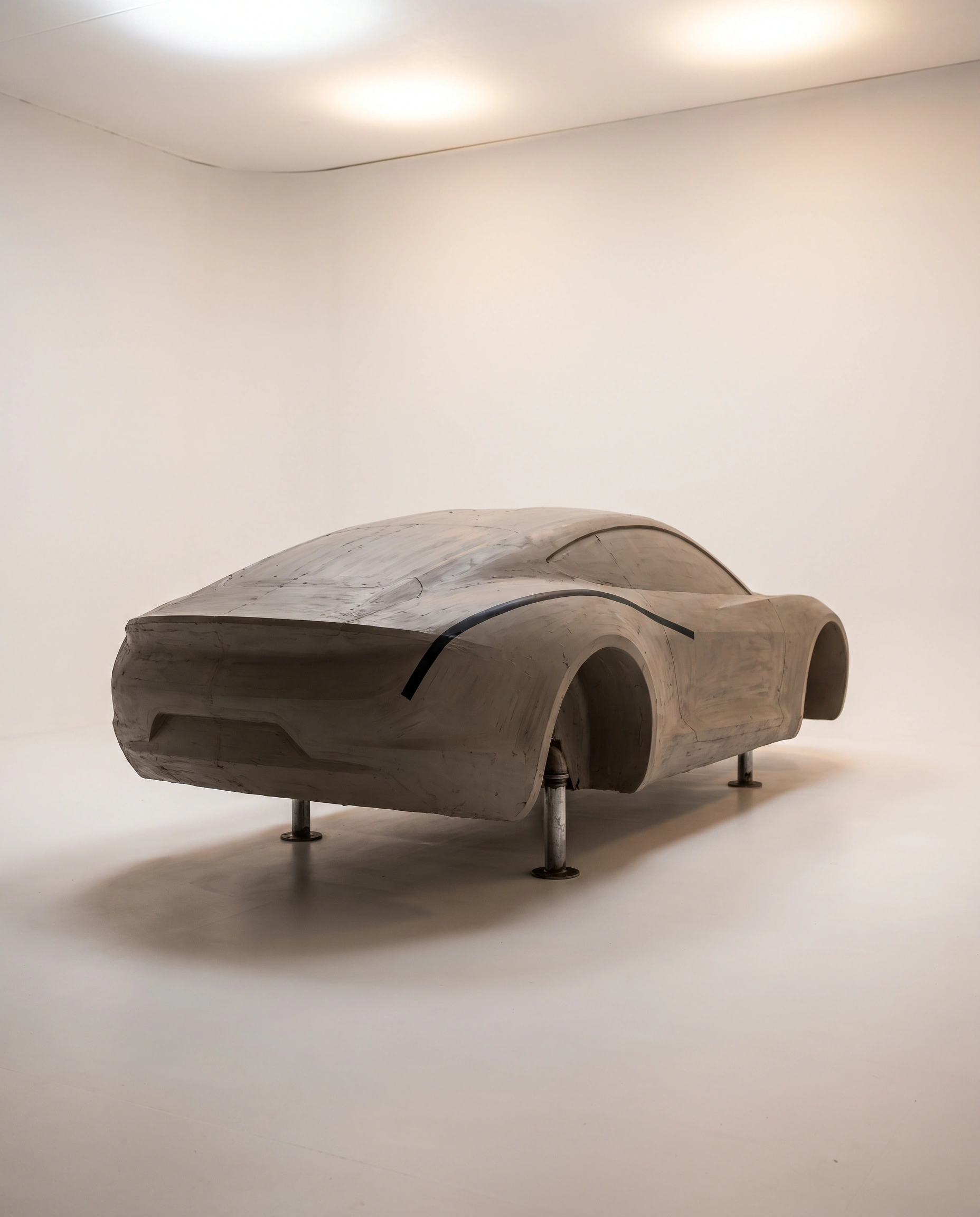 A full-size clay model on a steel armature under studio light