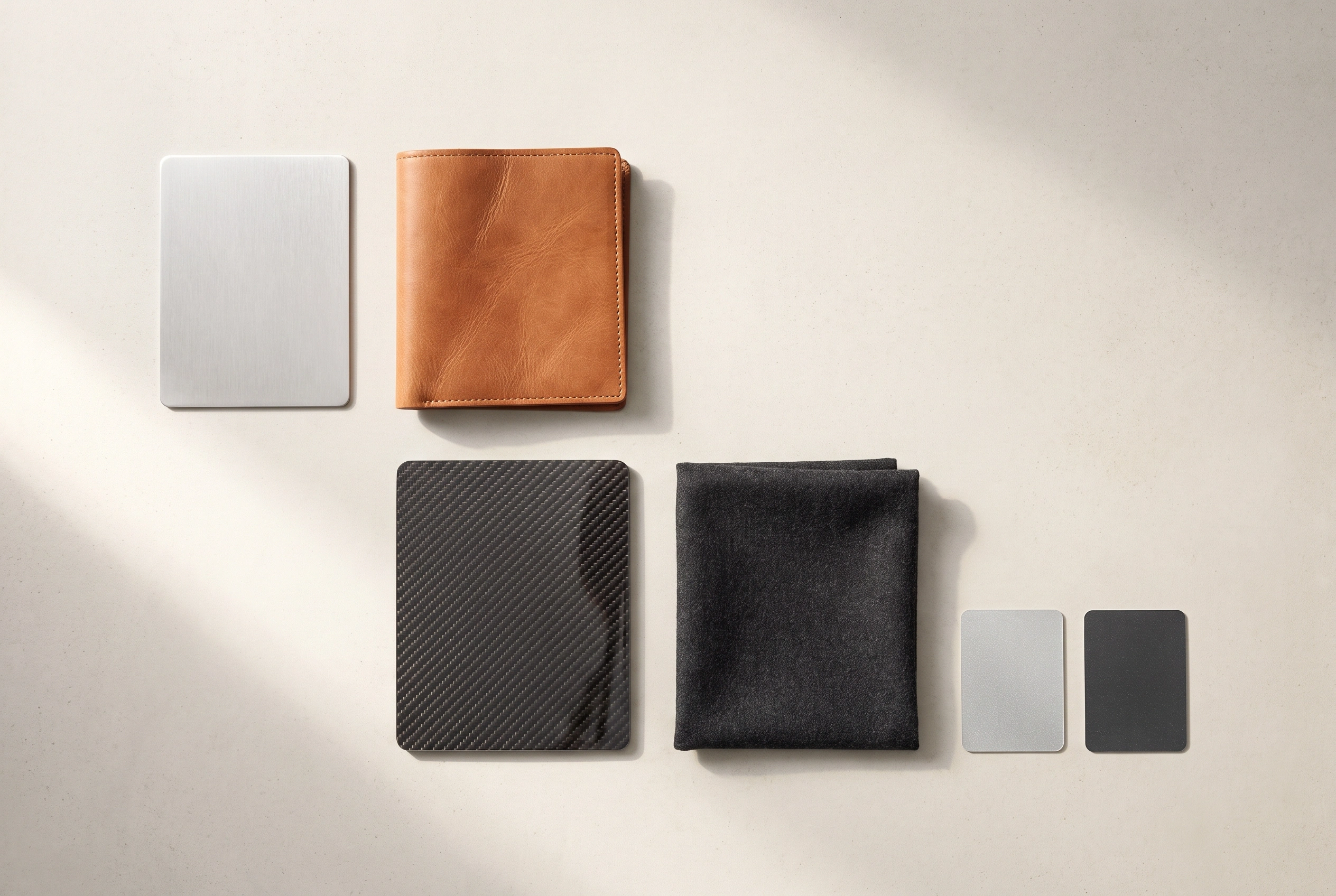 Material samples: brushed aluminium, vegetable tanned leather, carbon fibre, wool cloth and paint chips